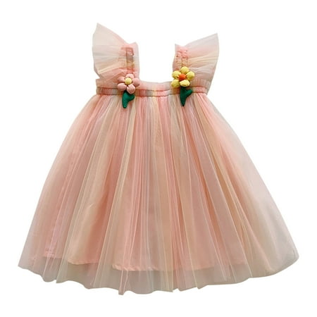 

ZRBYWB Toddler Girls Dresses Fly Sleeve Floral Tie Dyed Tulle Ruffles Princess Dress Dance Party Dresses Clothes Summer Girl Clothes