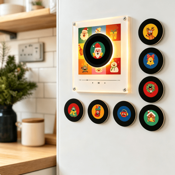 NFC Magnetic Mini Record Player for Refrigerator, Jingle Vinyl Music Box with 9 Programmable NFC Discs, Retro Fridge Magnet Decor for Kitchen Dorm Desk Christmas Gift