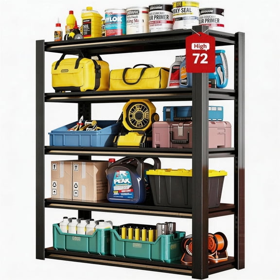 72" H Garage Shelving, Heavy Duty Storage Shelves, Garage Storage Shelves, Adjustable 5 Tier Metal Shelving Unit, Utility Shelves for Warehouse Backyard, 72" H×36" W×16" D