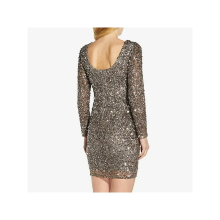 ADRIANNA PAPELL Womens Gray Sequined Zippered Lined Long Sleeve Boat Neck Short Cocktail Sheath Dress 4