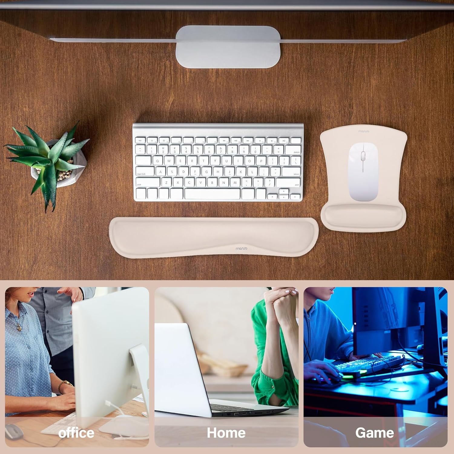 Wrist Rest Support for Mouse Pad & Keyboard Set, Ergonomic Mousepad Non-Slip Base Home/Office Pain Relief & Easy Typing Cushion with Neoprene Cloth & Raised Memory Foam, Apricot