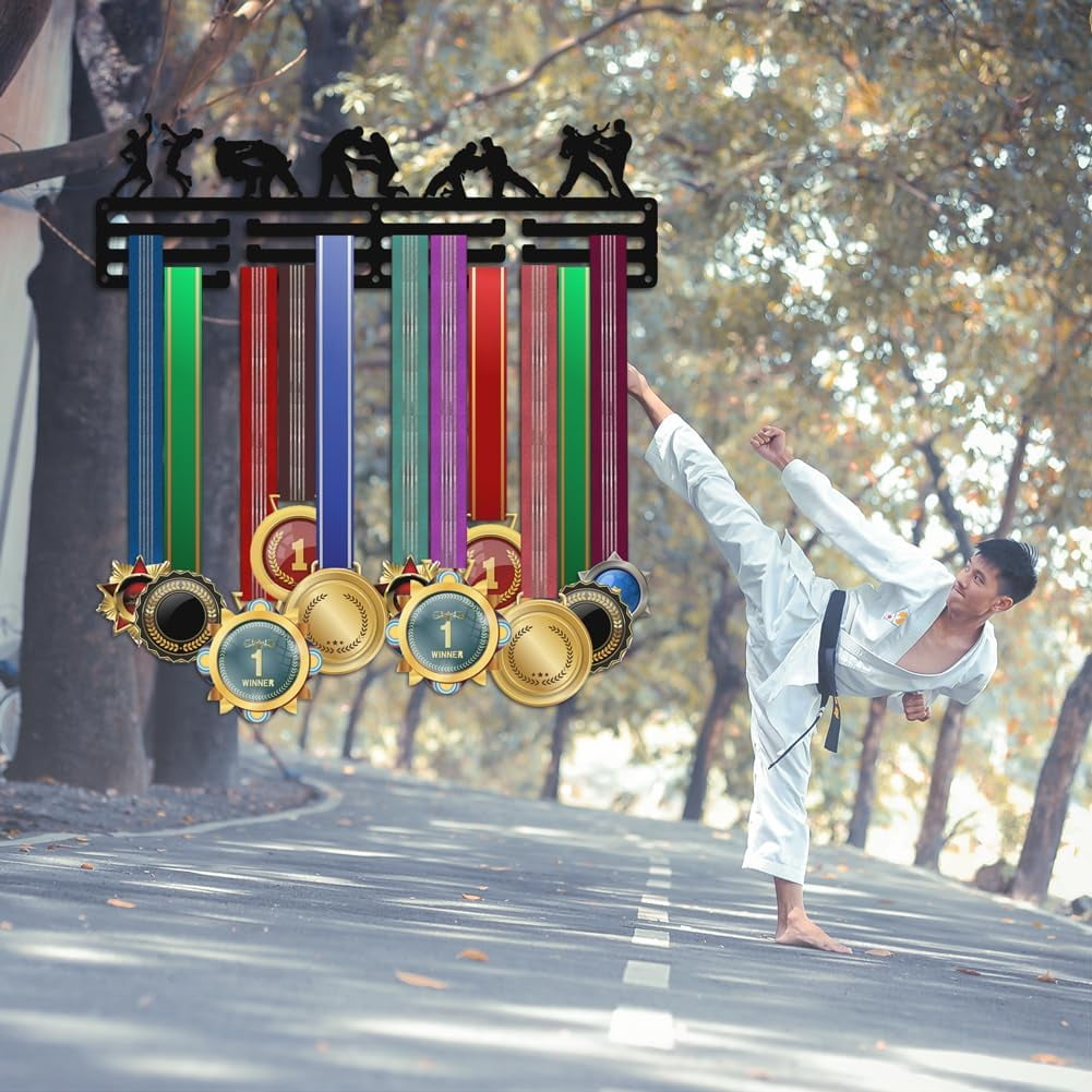 PH Kung Fu Medal Hanger Display Medal Holder Rack Wall Mount Hanger Decor Trophy Shelf 3 Tiered Award Rack Award Ribbon Hanger with Gift Box for Over 50 Medals Easy to Install Black