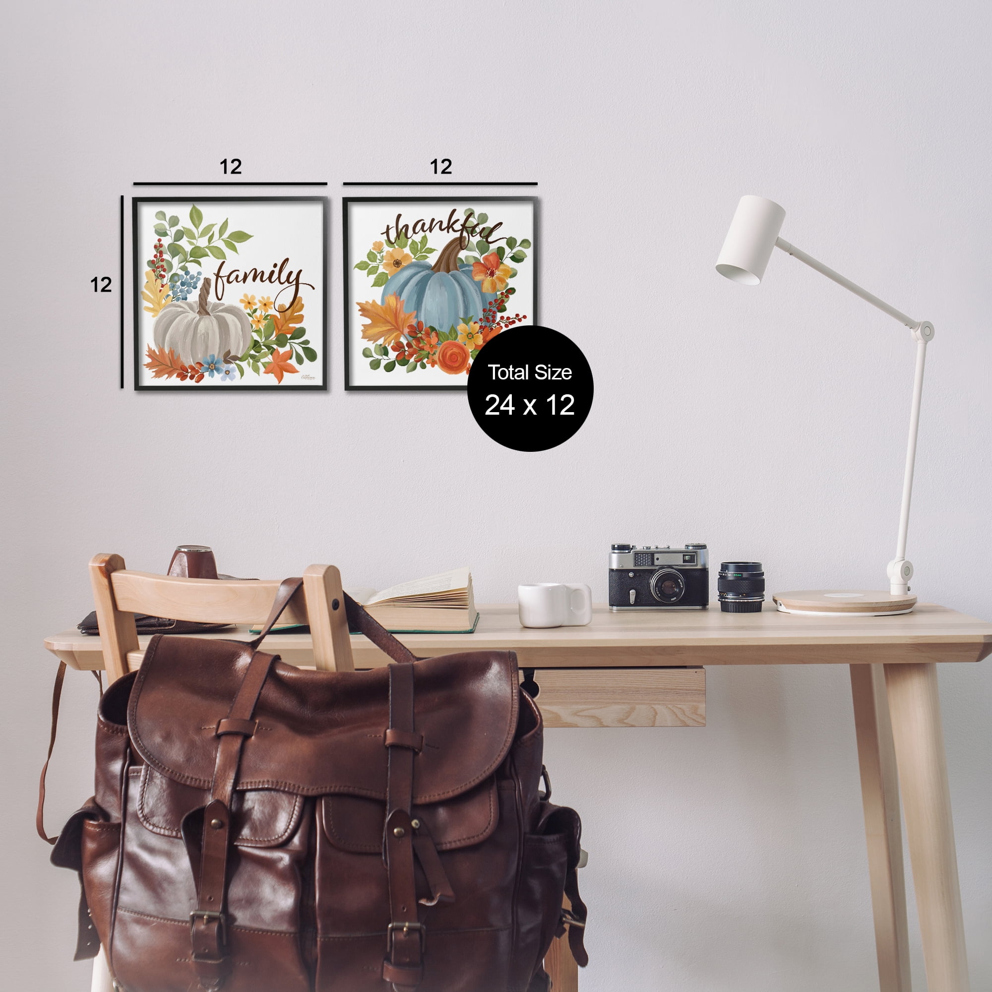 Stupell Industries Family Thankful Fall Pumkin Botanical & Floral Painting Black Framed Art Prints Wall Art, 12 x 12, Set of 2