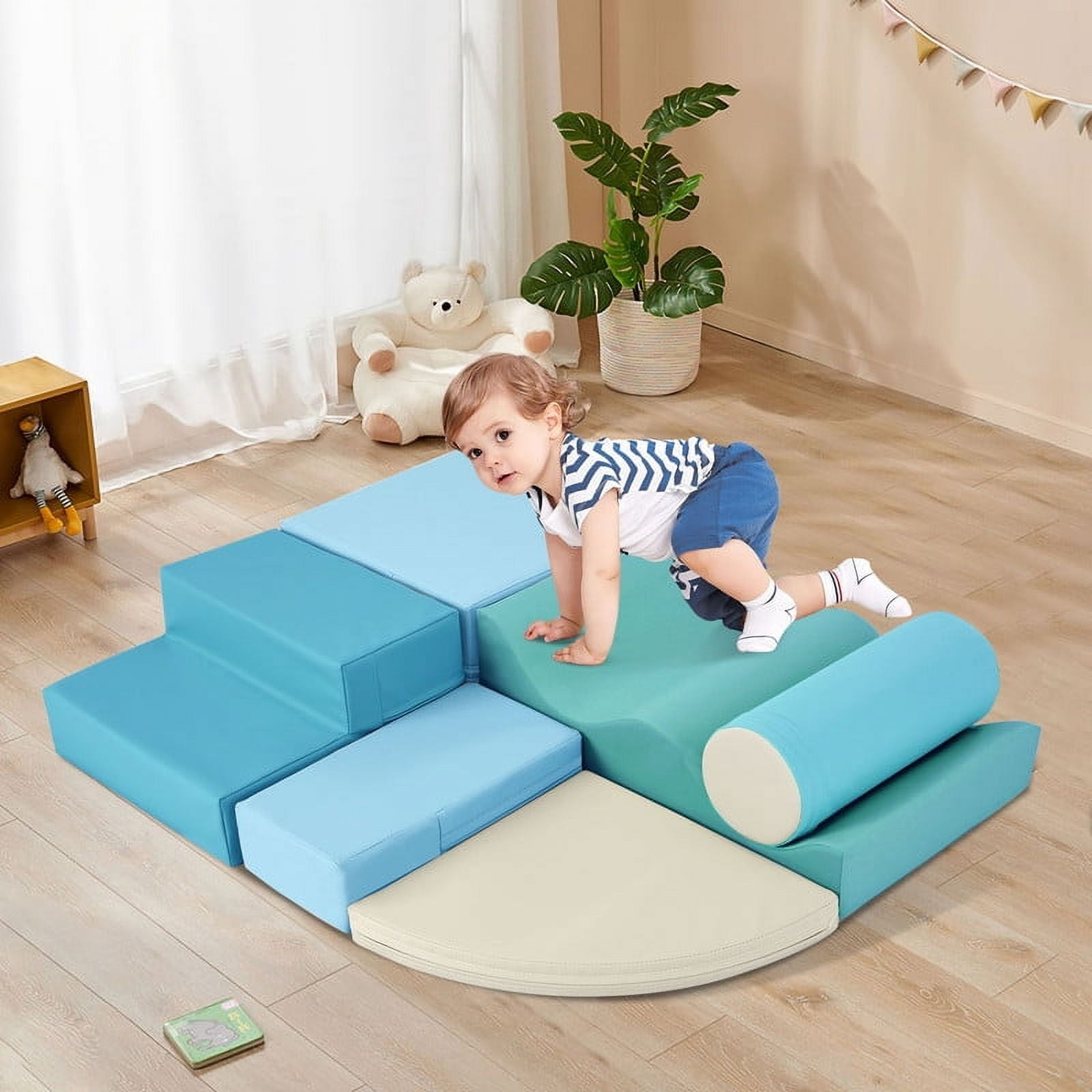 Aukfa 6-Piece Kids Climbing Toys, Baby Climber Blocks for Toddlers, Foam Play Gym Climbing Structures for Indoor Climb - Blue