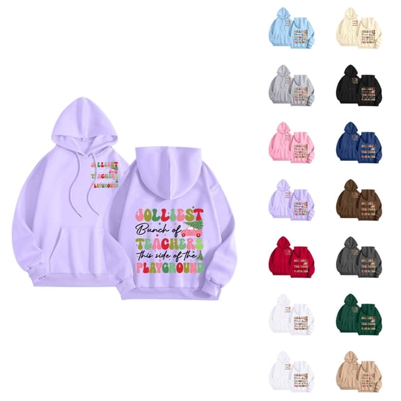 Jolliest Bunch Of Teachers Hoodies for Women Long Sleeve Christmas Graphic Hooded Sweatshirt with Pockets Pullover Top