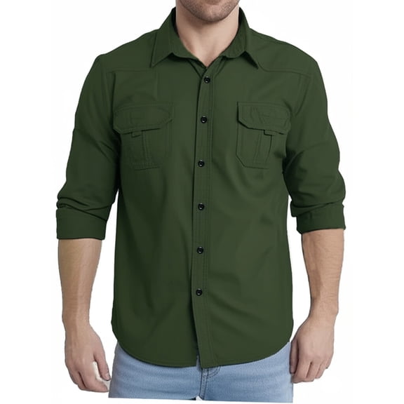 Fredd Marshall Men's Long Sleeve Cargo Work Shirt, Cotton Casual Outdoor Button-Up Shirt with Multiple Pockets