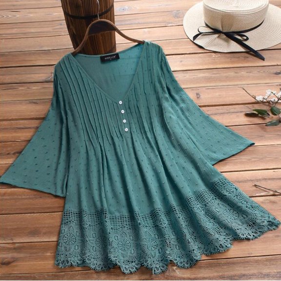 Women's Lace Hem T-Shirt Three Quarter Sleeves V-Neck Button Plus Size Tops Workout Clothes Women Womens Workout Tops Loose Fit Compression Shirt Woman T Shirt Women Soft Beaded Turtleneck All Womens