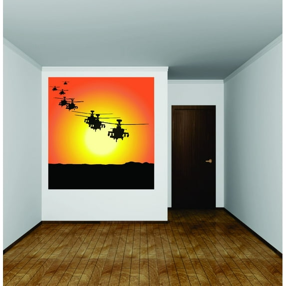 Decal Wall Sticker : Flying Army Helicopters Sunset Scene 16x16 Inches