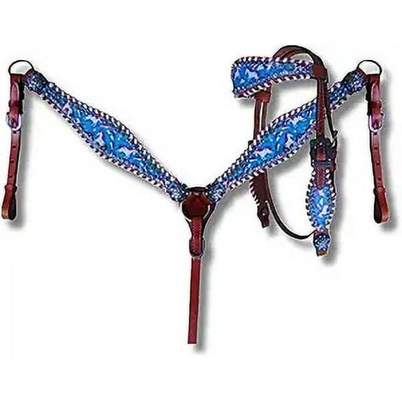 Western Premium Leather Equestrian Headstall, Breast Collar, Reins & Wither Straps - Hand-Carved Tooled Beaded Design