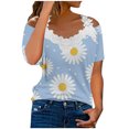 thumbnail image 2 of Summer Saving Wycnly Womens Tops Daisy Print Short Sleeve V-Neck Tee Shirts Summer Sexy Lace Trim Cold Shoulder Strap Tunic Blouse Light Blue XL Clothes, 2 of 5