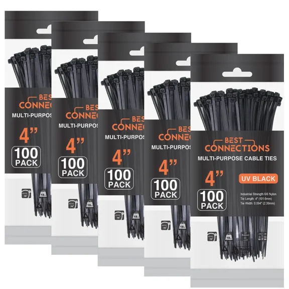 500 Pieces 4" Uv Black Nylon Cable Straps Zip Ties 18 Lbs Tensile Strength