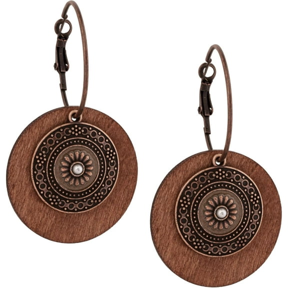 Vintage Boho Multilayered Antique Metal Flower Charm Wooden Disc Dangle Drop Earrings, Bohemian Statement Jewelry Gift for Women