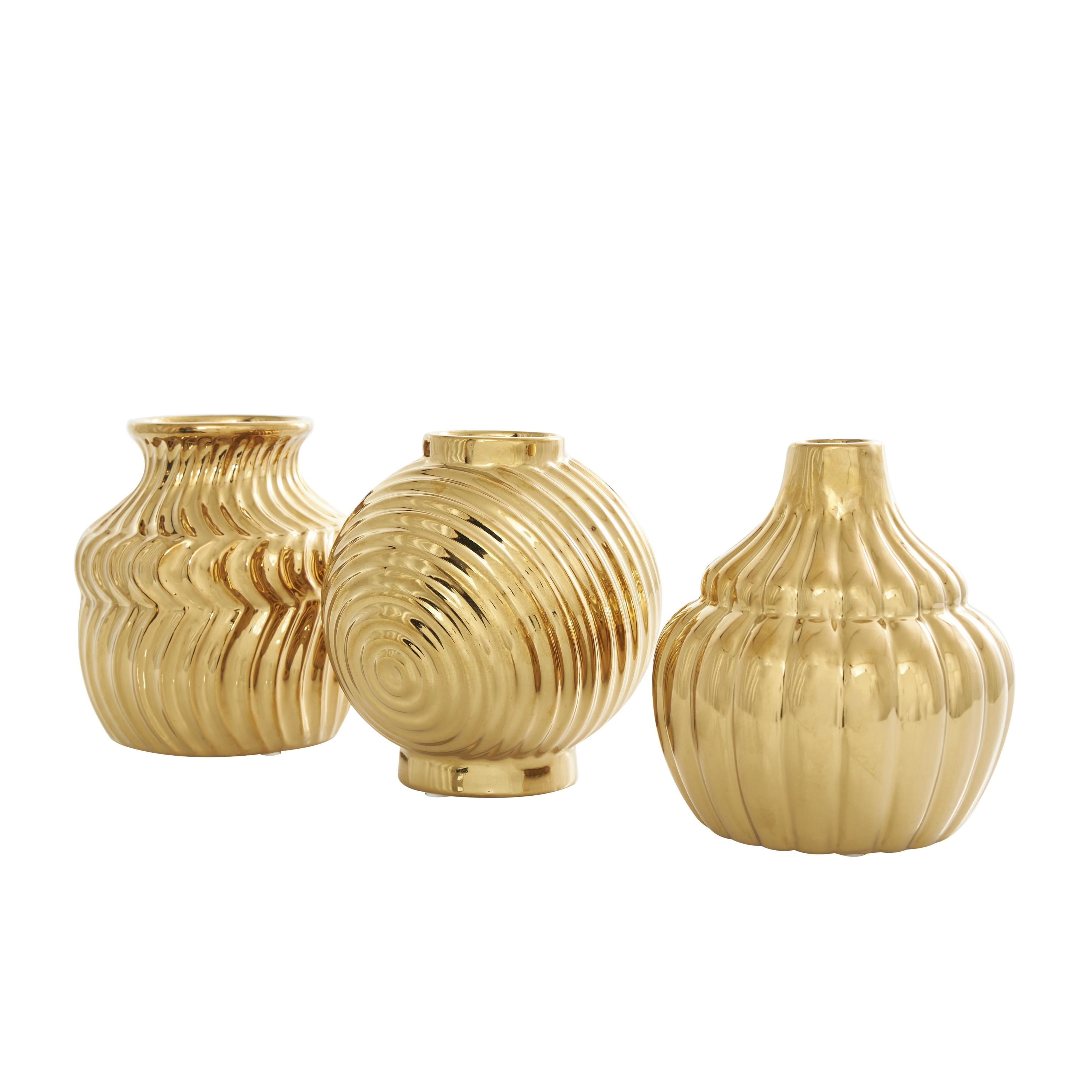 DecMode 5"W, 6"H Abstract Small Textured Gold Ceramic Vase with Varying Shapes and Patterns, Set of 3