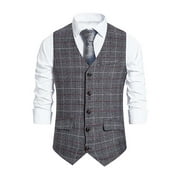 JustVH Men Check Print V Neck Single-Breasted Slim Fit Fashion Suit Vest