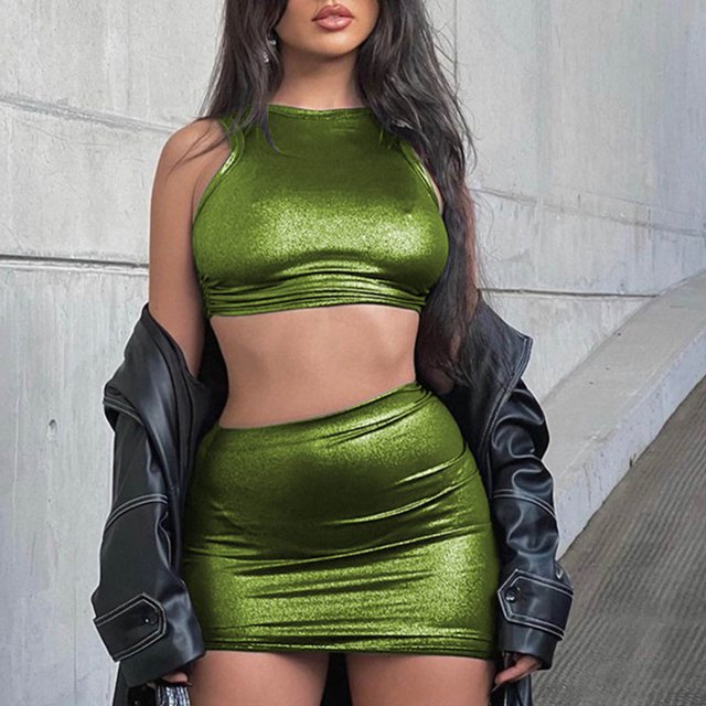 Wolfast Ensemble Jupe 2 Pcs pour Femmes Aguichant Mode Femmes Ensemble 2 Pcs Uni Sans Manches Aguichant Col Rond Haut Ensemble Jupe de Fête Ensembles Jupe Femmes Tenues 2 Pcs