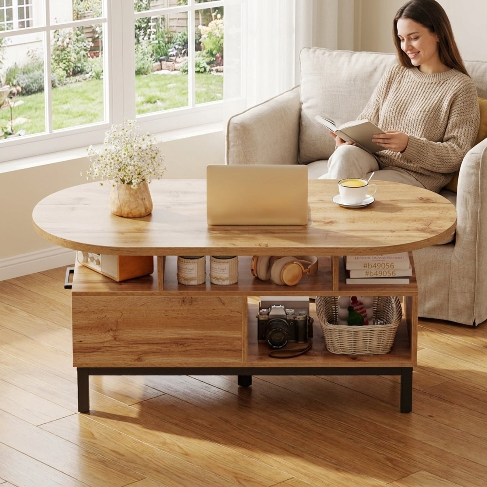 Furnibear 47 Inch Oval Coffee Table with Storage and Open Compartments for Living Room - Natural - Living Room Cocktail Center Table