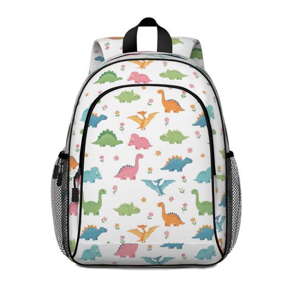 Dinosaur and Floral White Pattern Backpack for School, Cute School Bag with Adjustable Shoulder Straps and Padded Back, 15"x11.42"x5.5"
