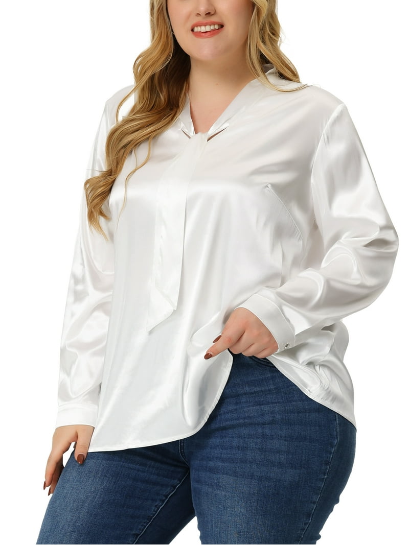 Agnes Orinda Women's Plus Size Satin Silk Blouse, Long Sleeve Tie Neck,  Work Office Shirt - Walmart.com, image size:800x1067