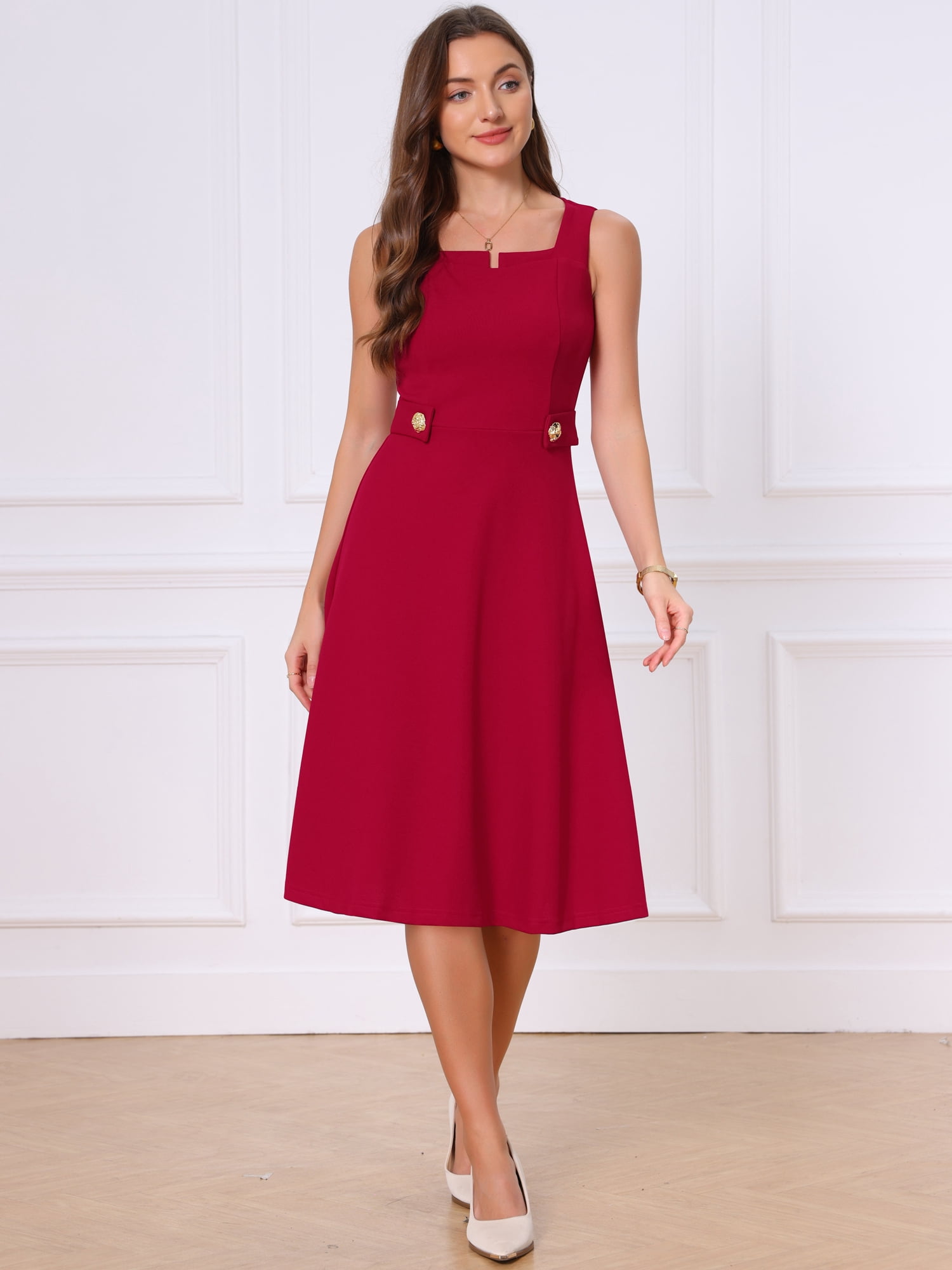 DARING DIVA Women's Vintage Sleeveless Regular Square Neck Midi Dress XS Dark Red