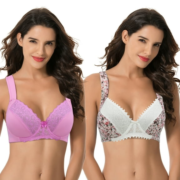 Curve Muse Women's Plus Size Unlined Underwire Lace Bra with Cushion Straps-Cream Print,Pink- Size:34B
