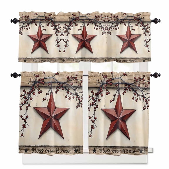 Farmhouse American Kitchen Curtains and Valances Set, Country Star Berries Vintage Wood Grain Rod Pocket Window Valance Window Curtain Panels for Living Room Bedroom Laundry, 27.5x24in, 3 Pieces