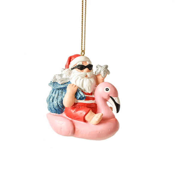 Santa Riding on Pink Flamingo Pool Float Christmas Holiday Ornament