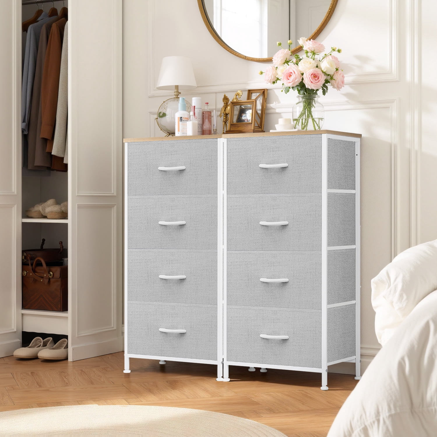 Beddle Dresser with 4 Fabric Drawers for Bedroom, Wide Storage Chest with Drawer Organizer for Closet or Living Room, Light Gray