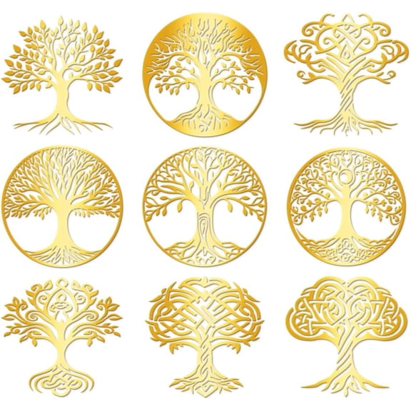 9Pcs Golden Self Adhesive Stickers 4cmx4cm Tree of Life Metal Decal Golden Tree Waterproof Decorate Sticker for Scrapbooks DIY Resin Crafts Phone Water Bottle Decoration Golden