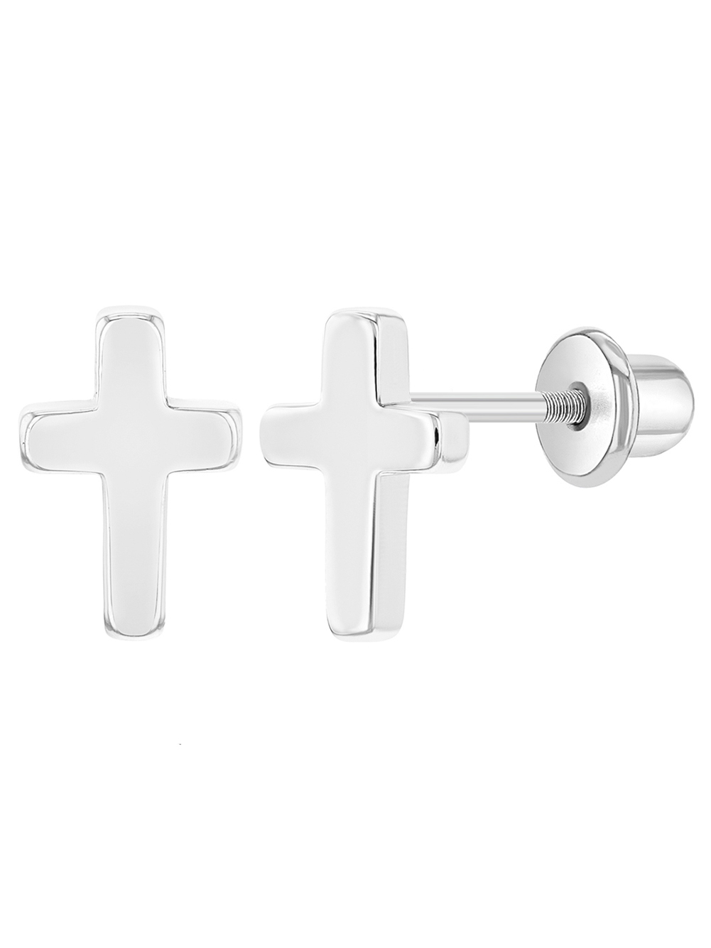 Rhodium Plated Plain Small Cross Screw Back Earrings for Toddlers