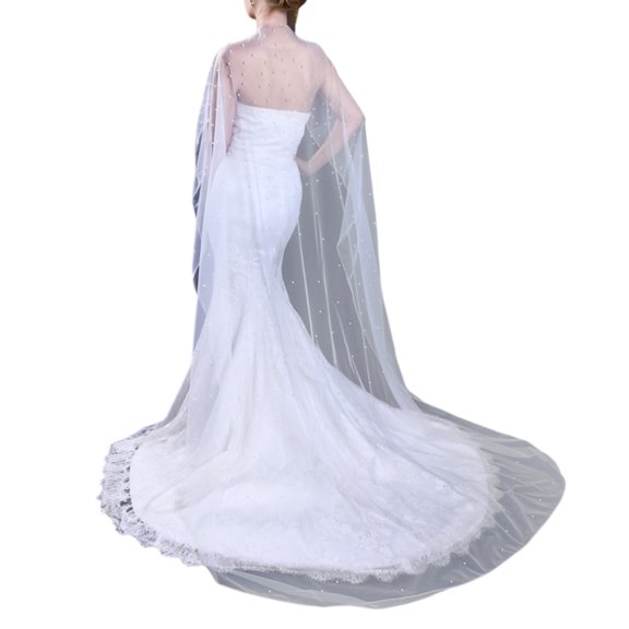 Adjustable Wedding Shawl with Pearl Embellished, Breathable Cathedral Length for Bridal Activities