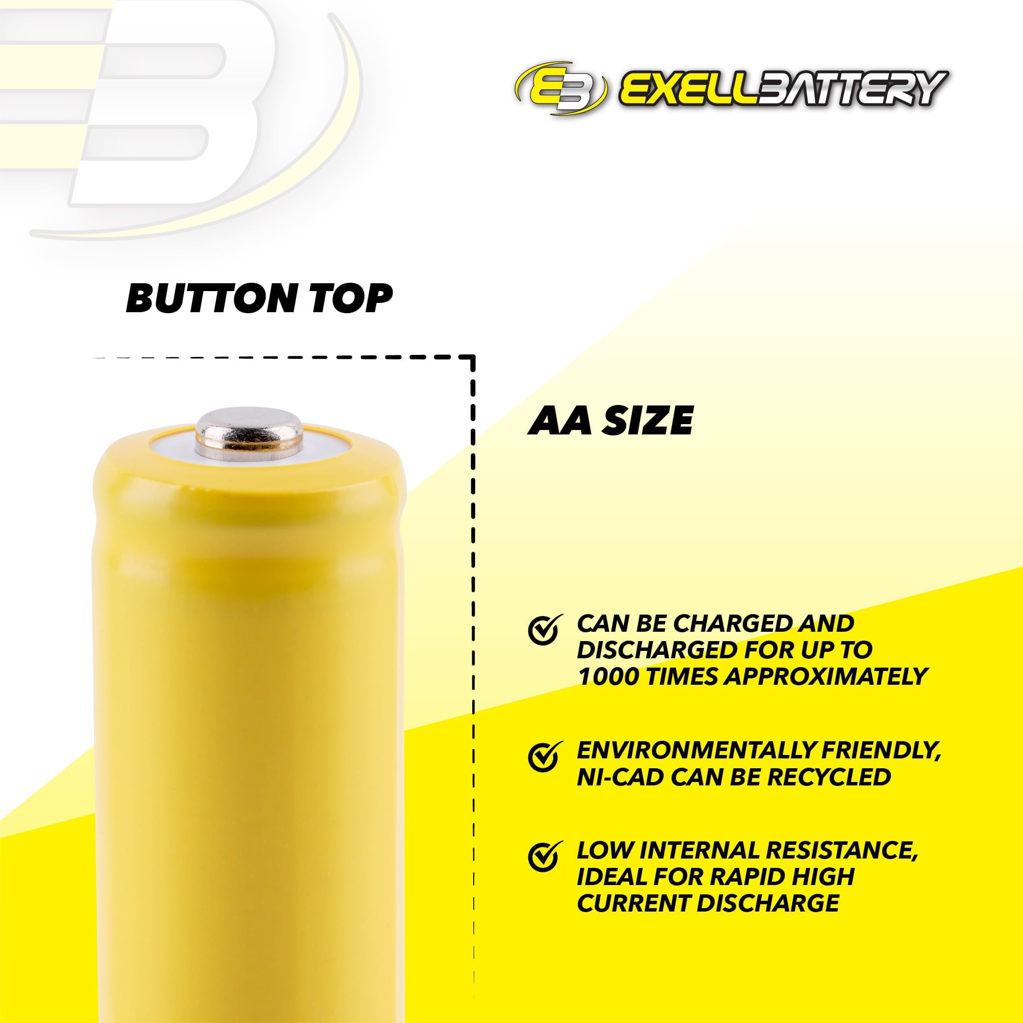 50x Exell AA 1.2V 1000mAh NiCD Button Top Rechargeable Batteries for Lawn Lamps