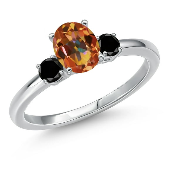 Gem Stone King 14K White Gold Ecstasy Mystic Topaz and Black Diamond Engagement Ring for Women | 1.20 Cttw | Oval 7X5MM | Gemstone November Birthstone | Size 5