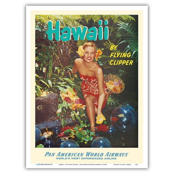 Hawaii - by Flying Clipper - Pan American World Airways - Vintage Airline Travel Poster c.1970s - Master Art Print (Unframed) 9in x 12in