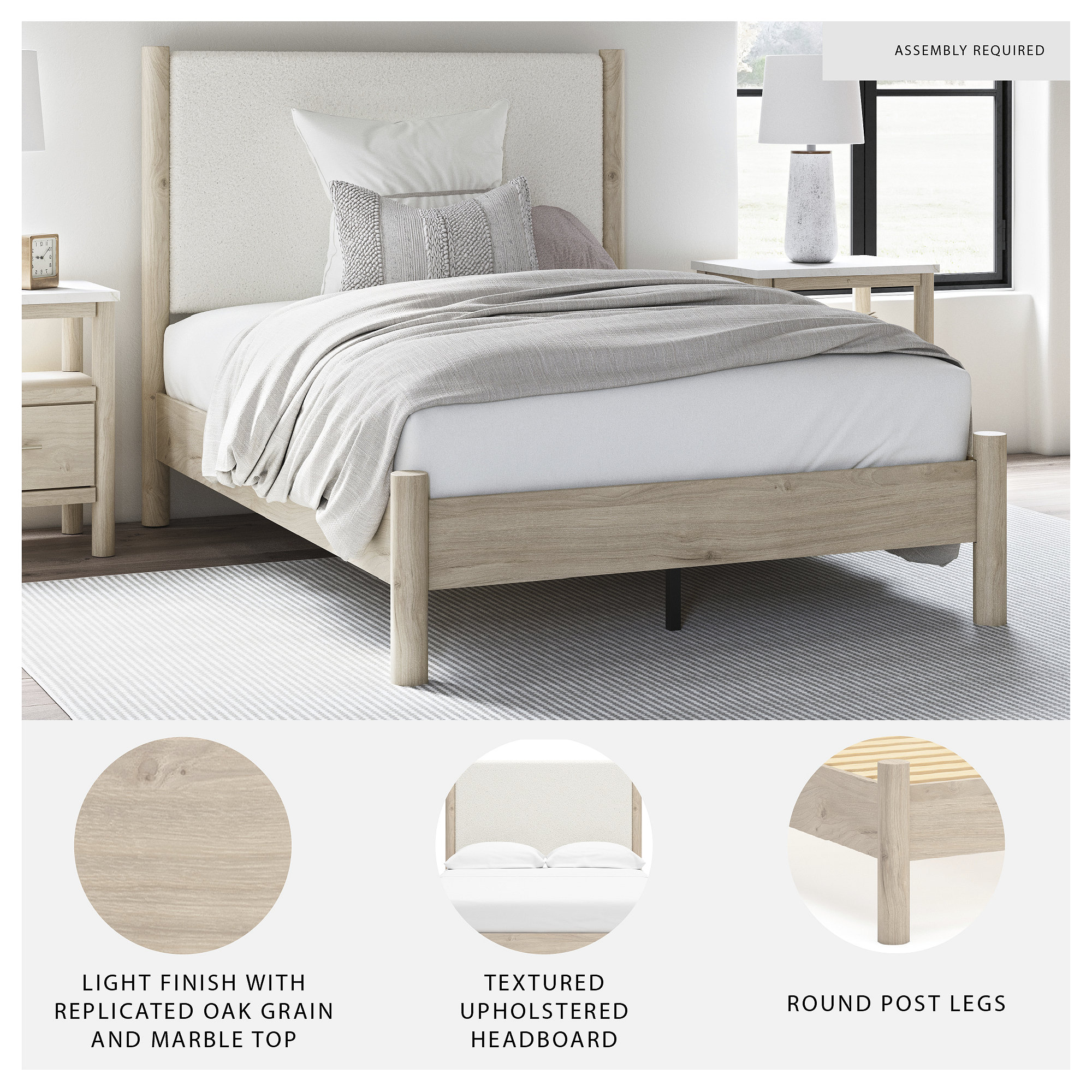 Signature Design by Ashley Cadmori Full Upholstered Panel Bed with Two-Tone Finish and Light Oak Details