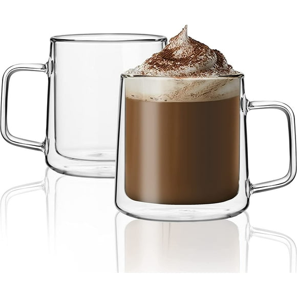 CNGLASS 15.2oz Glass Coffee Mugs,Double Wall Insulated Glass Mugs with Handle,Clear Espresso Mugs for Latte,Cappuccino,Tea Bag,Set of 2