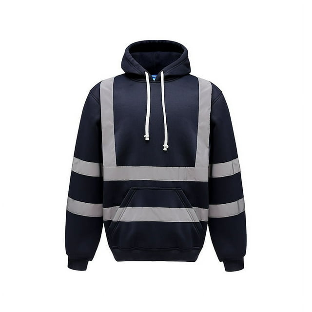 Men's Solid Color Reflective Hooded Sweatshirt Long Sleeve Sweater Top Loose Road Work High Visibility Pullover (Navy,L)