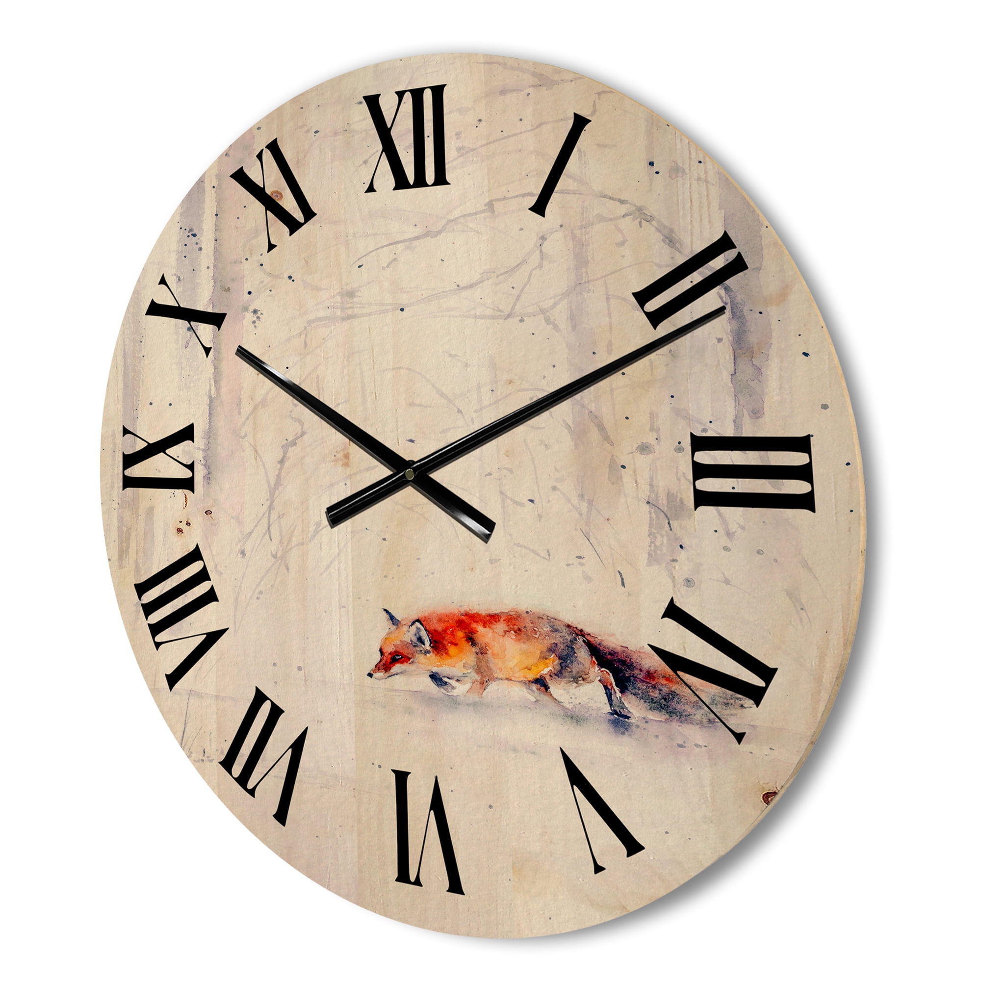 Designart 'Red Fox Running In White Snow in Countryside II' Farmhouse Wood Wall Clock