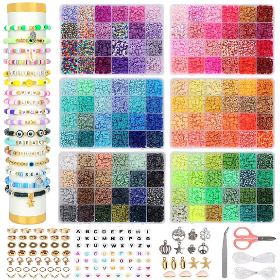 Meilimei -19500PCS 144 Colors Clay Beads for Bracelets Making Kit (6mm), Polymer Heishi Beads with Charms Gifts for Teen Girls Crafts for Girls Ages 8-12(Multicolor)