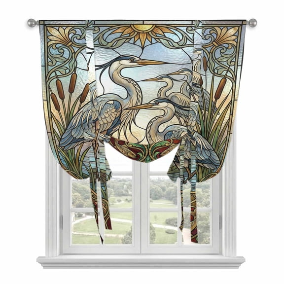 Blue Heron Tie Up Curtain for Window, Retro Reeds Sunlight Birds Stained Glass Windows Adjustable Tie Up Balloon Curtain Valances Rod Pocket Window Treatment for Kitchen Bathroom Bedroom 52"x63"