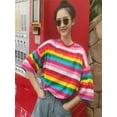 thumbnail image 5 of Sweet Rainbow Striped Print Half Sleeves T-shirts Women's Fahion O Neck Tees Tops, 5 of 6