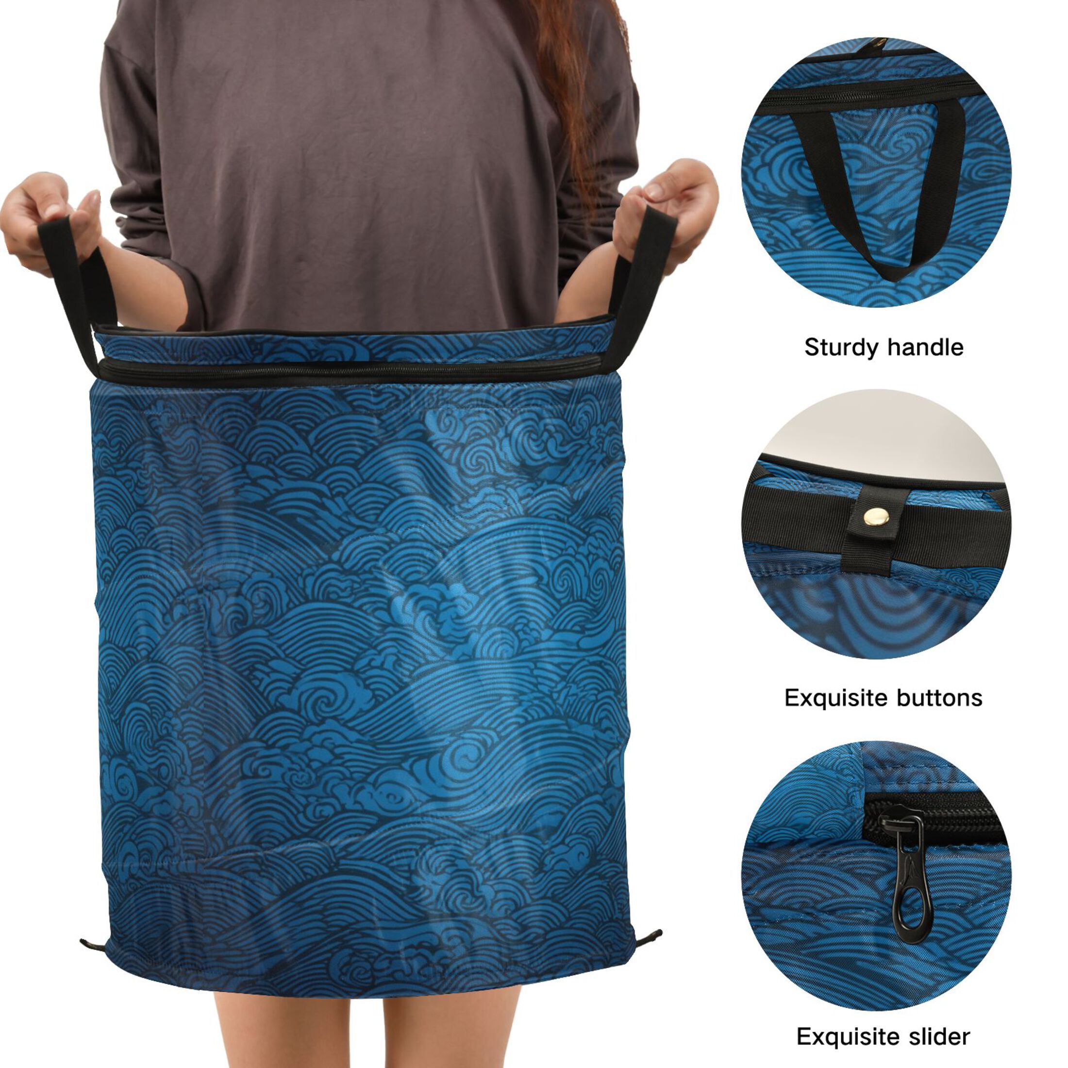 50L Extra Large Popup Hamper Collapsible Laundry Basket With Zippered Lid 15.7x18.5in Water Waves in Deep Blue