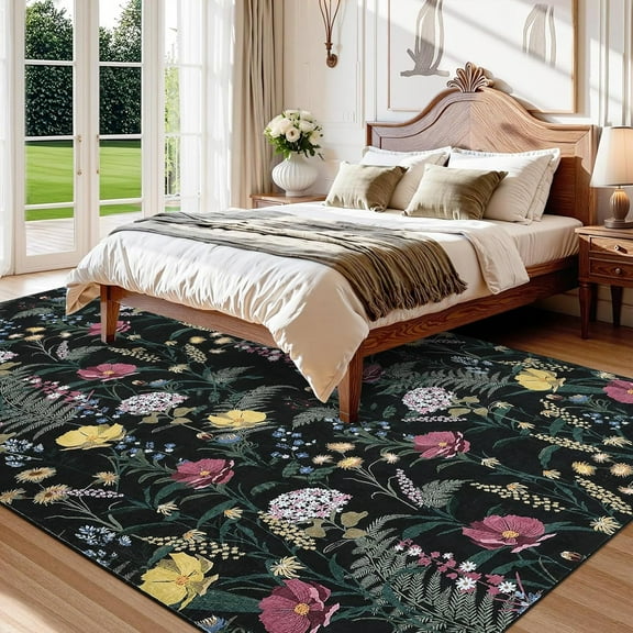 Homhougo 5x7 Machine Washable Area Rug, Farmhouse Floral Print, Stain Resistant, Soft Faux Wool, Non-Slip Low Pile Carpet for Living Room, Black