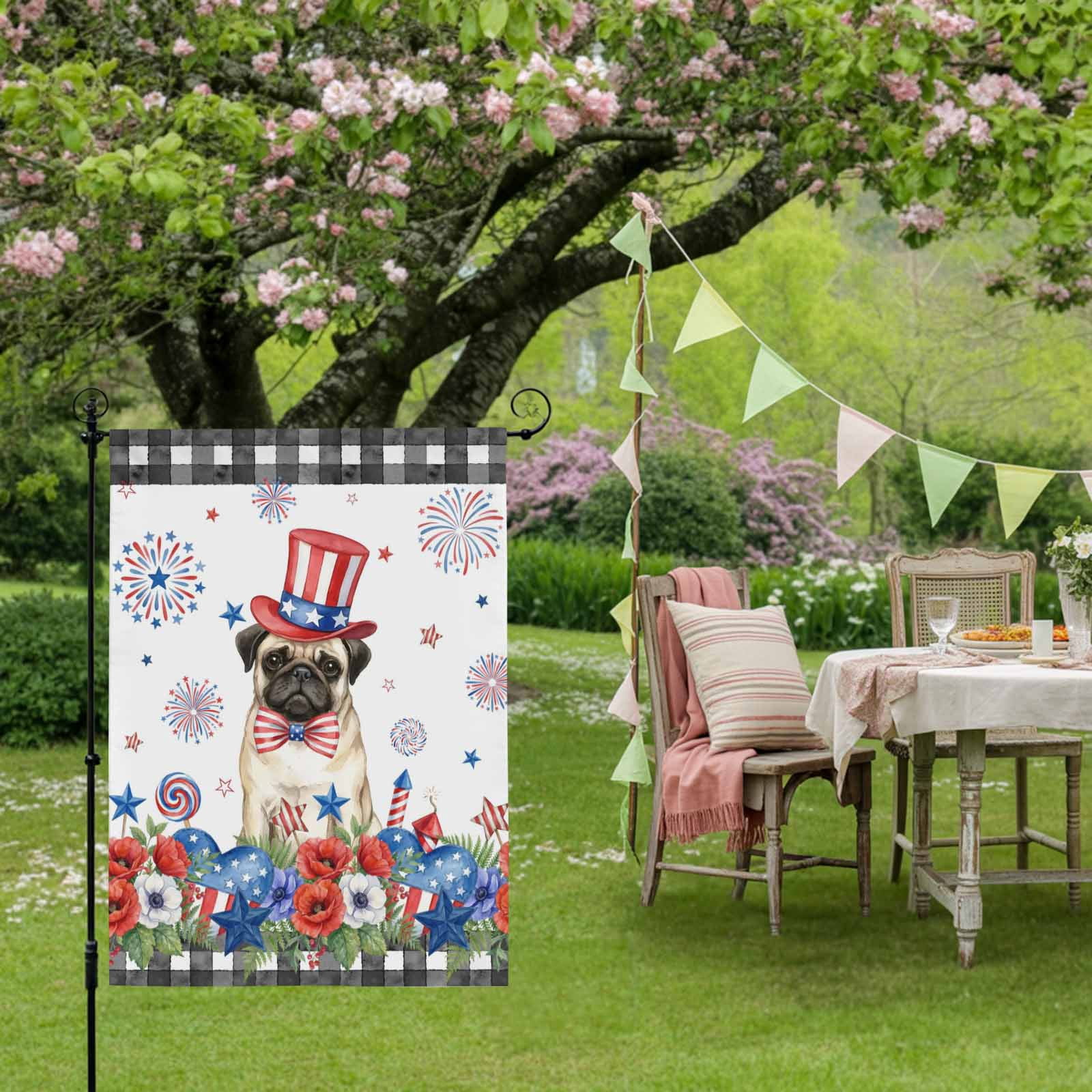 Independence Day House Flags For Outdoor, Cartoon Pug Dog Cute Puppy Red Blue Flower Small Double Side Yard Flags Weather Proof House Decor for Lawn Outside Holiday 28 x 40 Inches