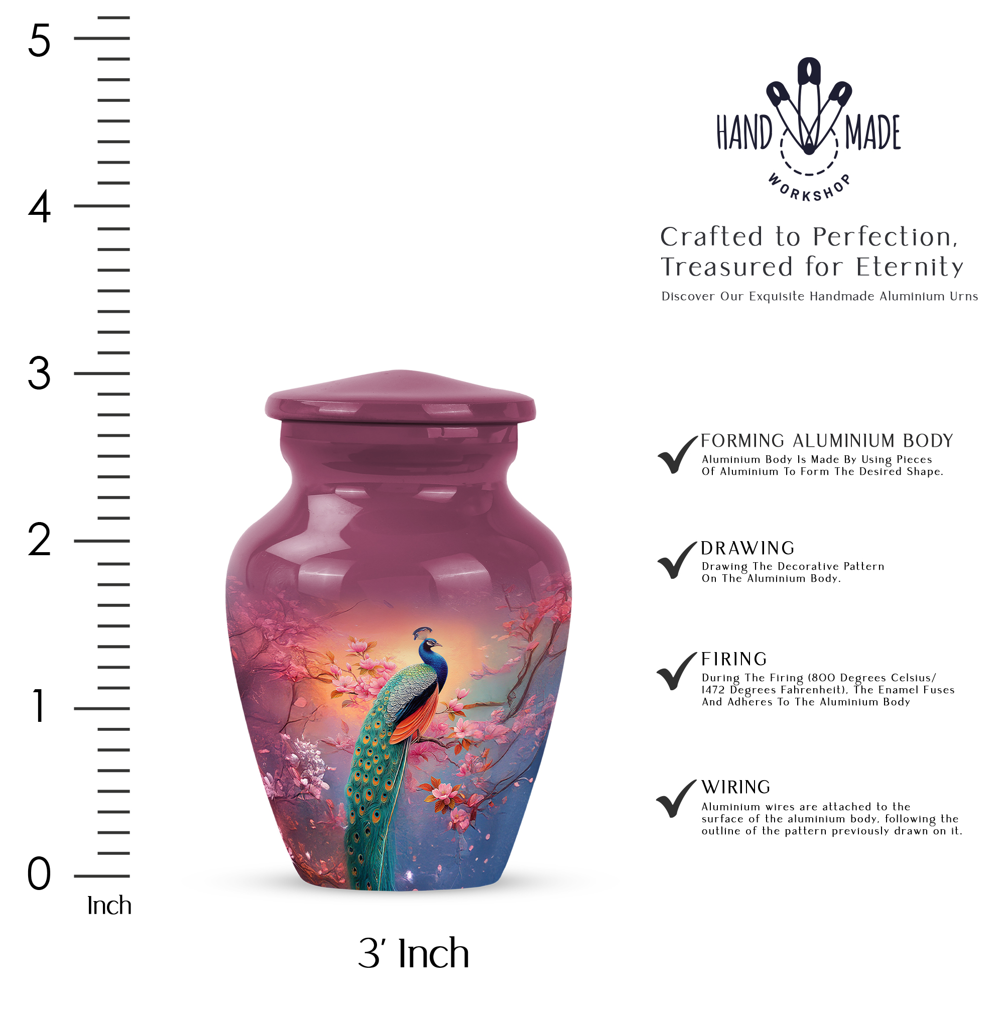MUKTIVE Peacock Cremation Urn for Human Ashes Adult Mom & Dad, Funeral Keepsake Decorative Pink Flowers Urns for Ashes Male & Female Burial, Pink for Memorial Cremated Urns (3 Inch)