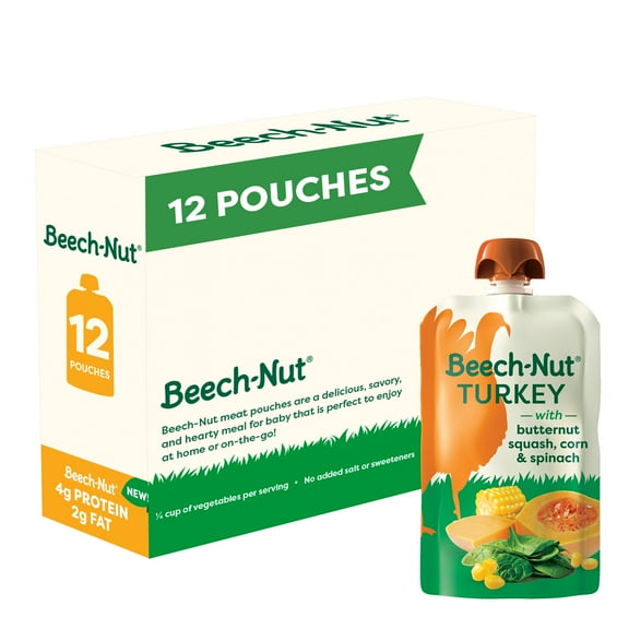 Beech-Nut Turkey Stage 2 Baby Food, Turkey Butternut Squash Corn & Spinach, Puree Meat Baby Food Pouch, 3.5 oz Pouch (12 Pack)
