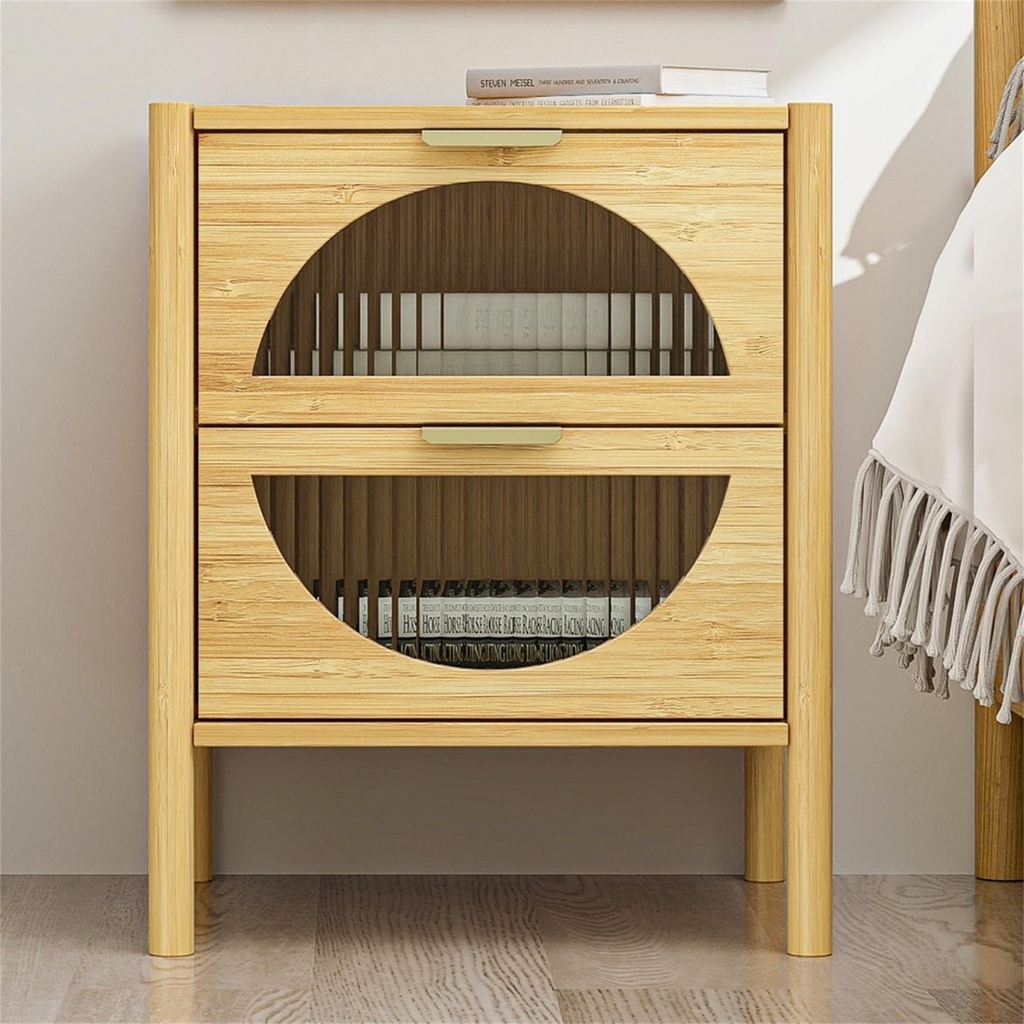 Resenkos Natural Bamboo Accent Bedside Table for Bedroom with 2 Drawer