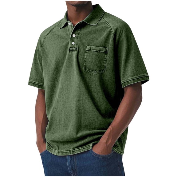 QSAWXQZ Men's Vintage Shirt Short Sleeve Quarter Button Lapel Collar Solid Casual Loose Denim Look Pullover Top with Pocket Olive Green L