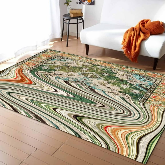 Green Orange Southwestern Area Rugs For Living Room/Bedrooom, Area Rug Non-Slip, Boho Ethnic Vintage Abstract Art Kids Room Area Rug Washable Accent Floor Carpet Runner Indoor Outdoor