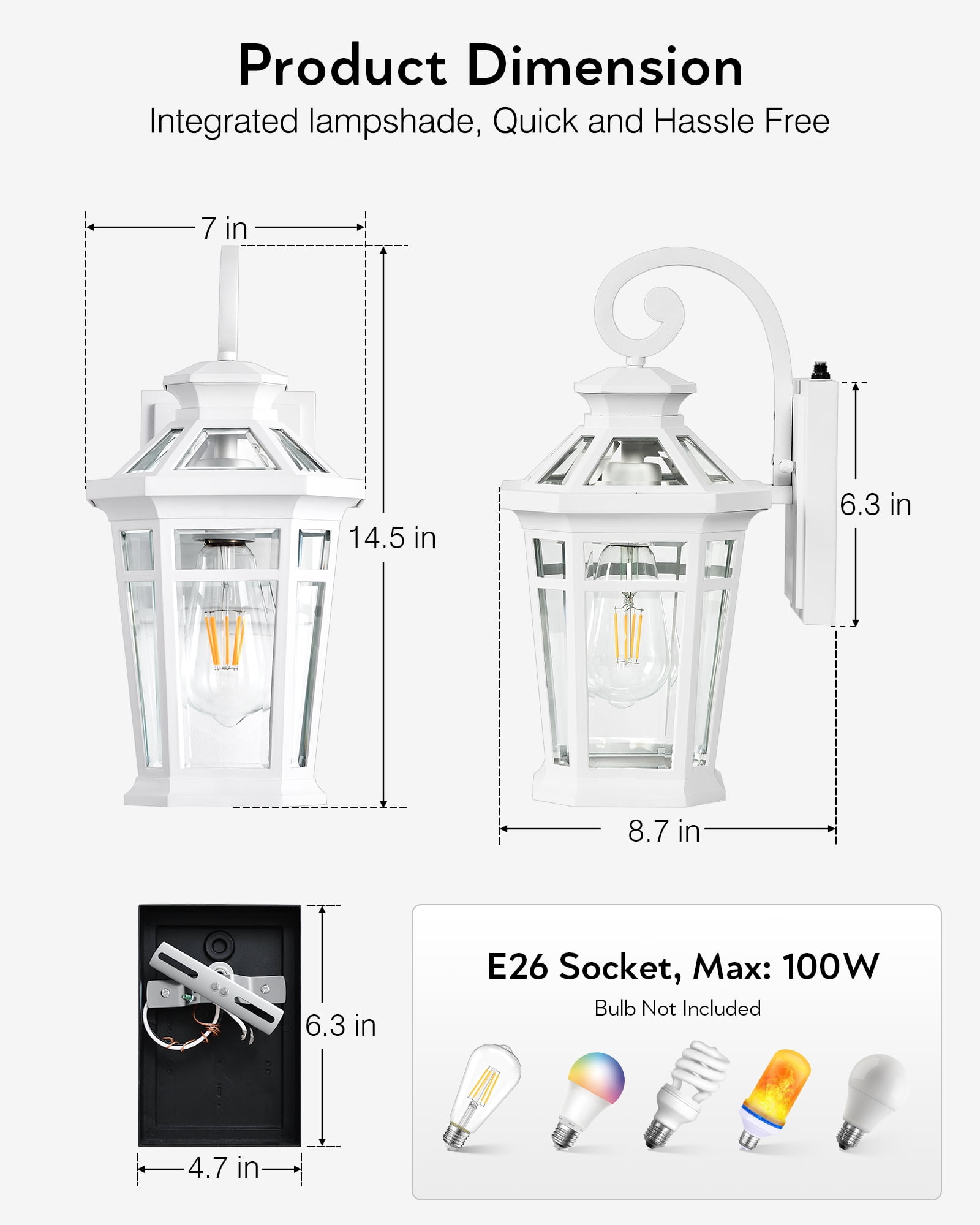Dawn to Dusk Outdoor Light Fixture, White Front Porch Lights Wall Mount, Exterior Sconce Light with E26 Socket, Anti-Rust Coach Lights for Garage, Waterproof Outdoor Lighting for House, Patio