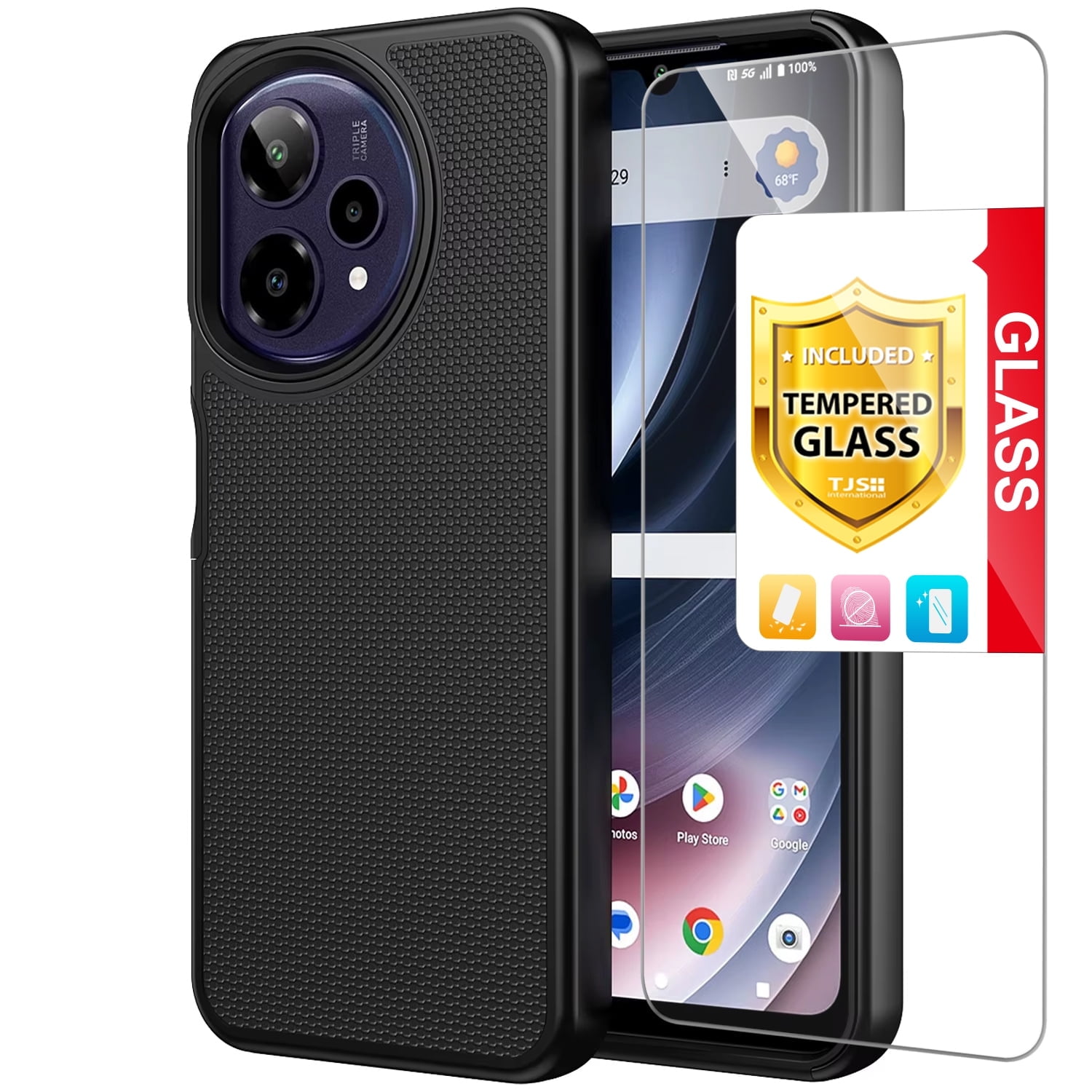 TJS for Cricket Icon PLUS 2026 / AT&T Verge 2 Phone Case, with Tempered Glass Screen Protector, Slim Dual Layer Hybrid Shockproof Rugged Phone Cover (Black)